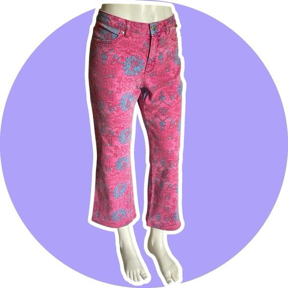 Escada Sport Women’s Kate Pink Blue Floral Jeans Kick Flare Crop Sz 38 US 8 M - Picture 1 of 16